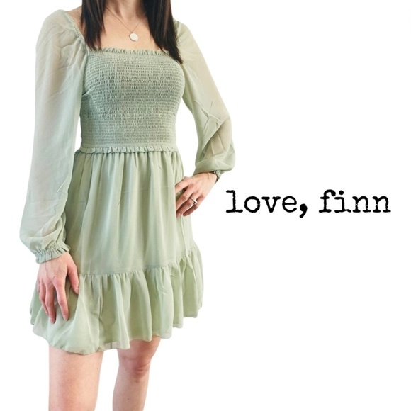Love, Finn Dresses & Skirts - Love, Finn Smock Long Sleeve Georgette Dress Dusty Sage Green Temperance Dress L